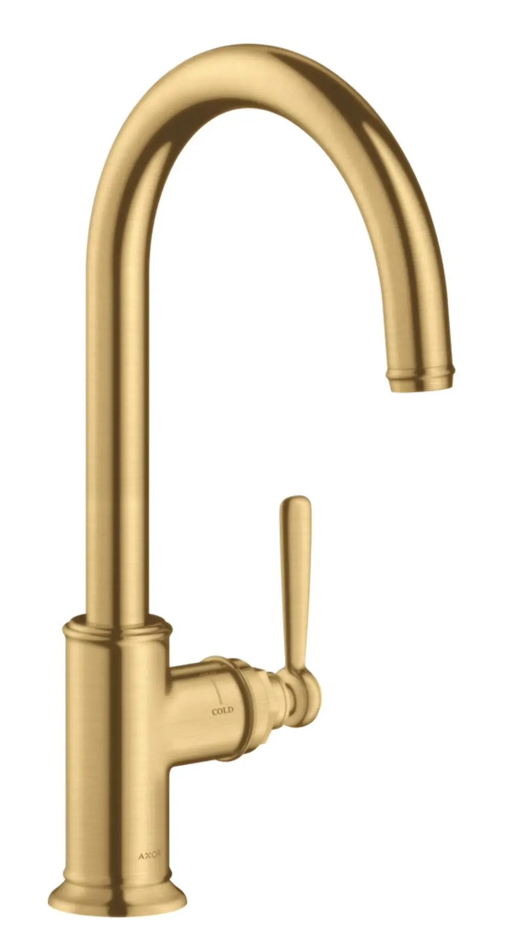 Küchenmischer aus gebürstetem Gold mit hohem, geschwungenem Auslauf und seitlichem Hebel zur Temperaturregelung. Produkthersteller: AXOR.